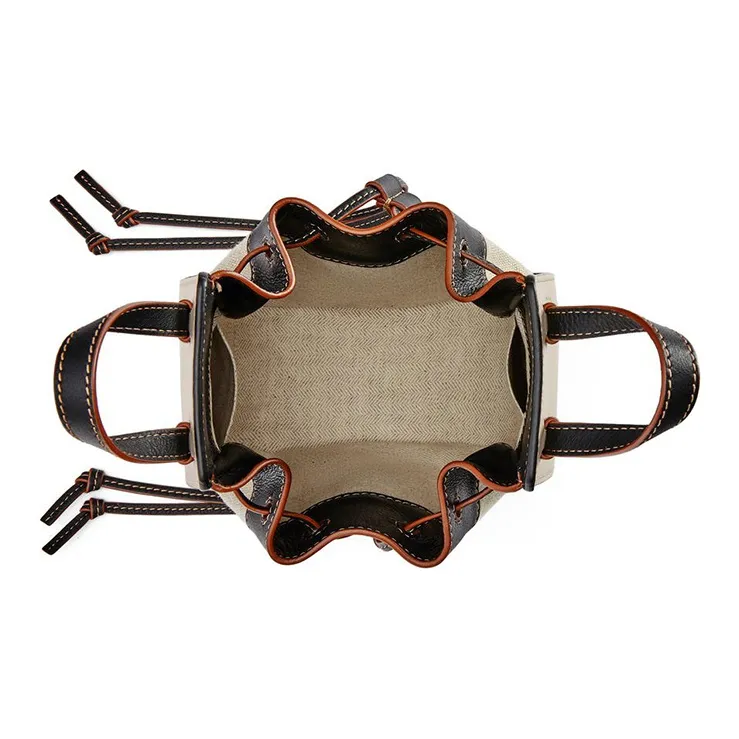 LOEWE Hammock Cow Leather Patchwork With Linen Shoulder Bag Mini Women's Light Wheat Black-3