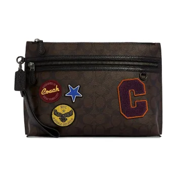 COACH Pouch Canvas With Leather Clutch Trumpets Men's Dark Brown