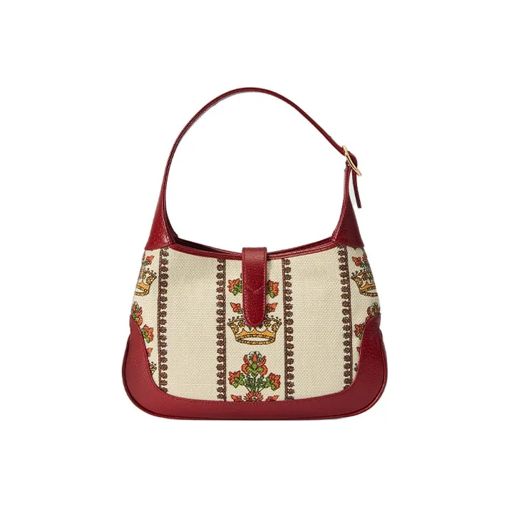 GUCCI Jackie 1961 Canvas With Leather Trim Crescent Shoulder Bag Shoulder Bag Small Size Women's Ecru & Red-3