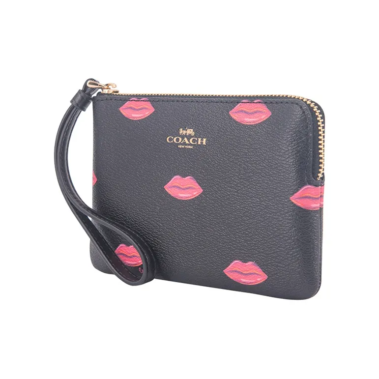 COACH Corner Zip PVC Coin Purse Women's Black Base With Red Lip Print-1