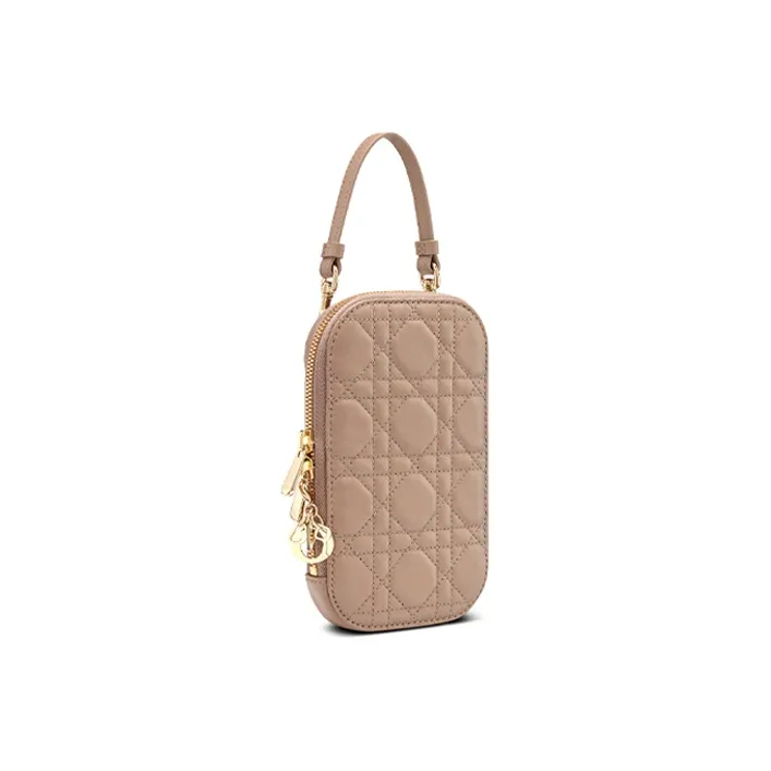 DIOR Lady Dior Lambskin One Shoulder Crossbody Cell Phone Pouch Women's Warm Taupe-1