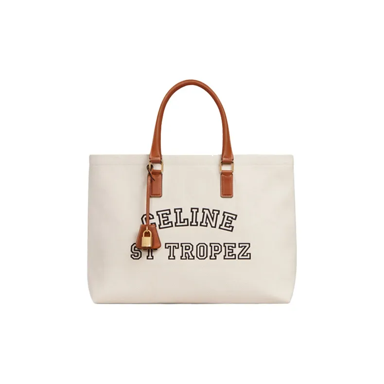 CELINE Cabas Fabric Cow Leather Patchwork Tote Bag Shopping Bag Shoulder Bags Women's Natural Color & Brown Umber-0