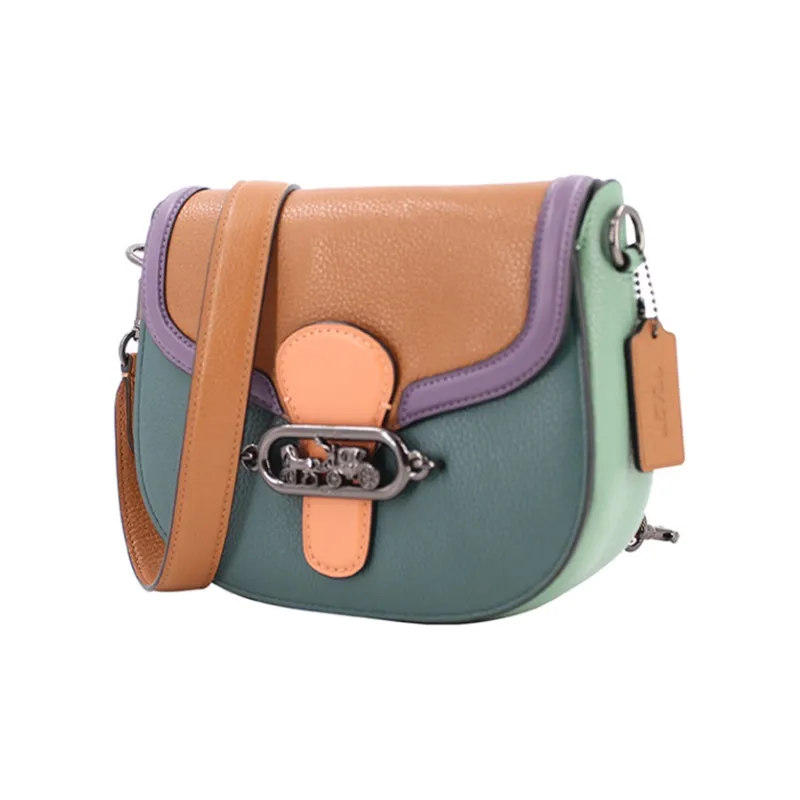 COACH Litchi Grain Leather Saddle Bag Crossbody Shoulder Bag Women's Brown Ink Green Purple-1