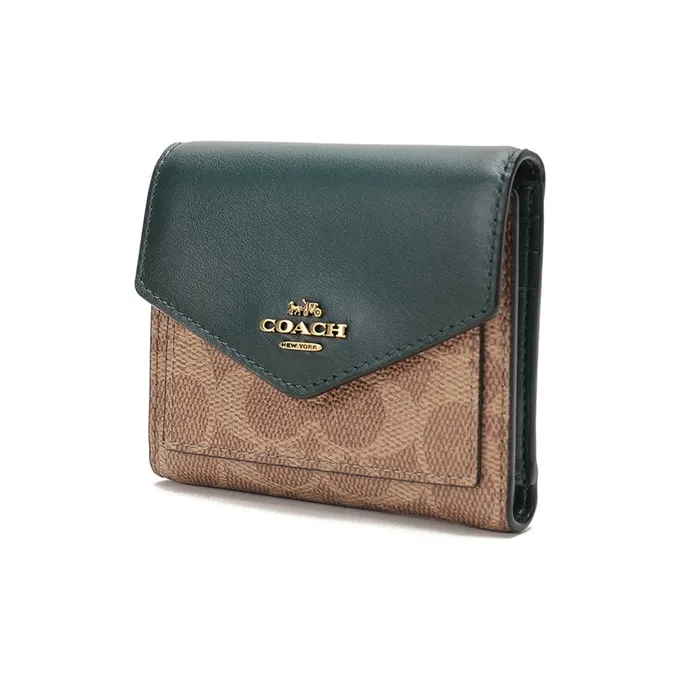 COACH Signature Canvas Clutch Envelope Bag Wallet Small Size Women's Forest Green With Brown-1