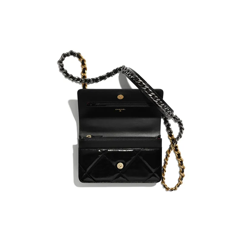 CHANEL 19Bag Waxed Leather Calfskin With Metal WOC Wallet On Chain, Handbag, Shoulder Bag, Crossbody Bag Women's Black-3