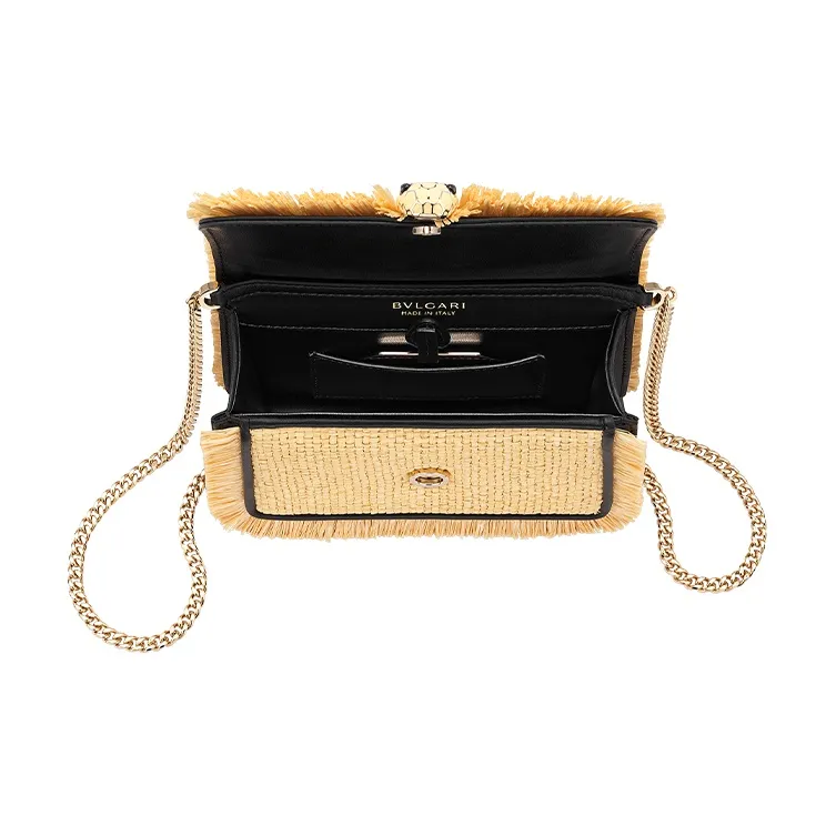 BVLGARI Serpenti Diamond Blast Raffia Patchwork Cow Leather Crossbody Bag Shoulder Bag Mini Unisex Beige Black-3