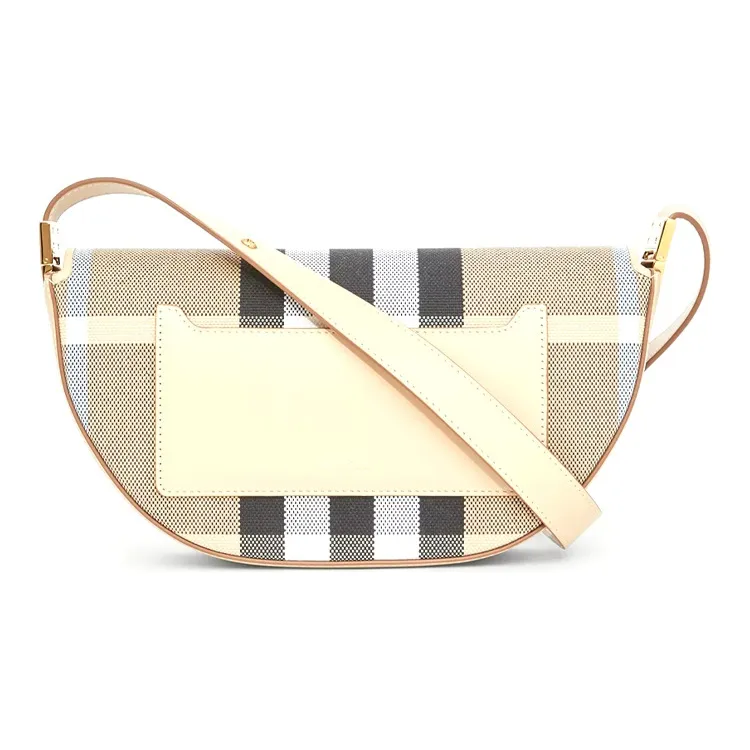 Burberry Olympia Plaid Canvas With Leather Ellenria Half Moon Bag Portable Crossbody Bag Shoulder Bag Women's Beige-4