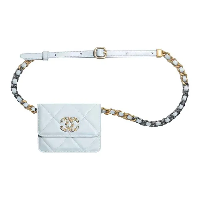 CHANEL 19Bag Diamond Pattern Fanny Pack Women's Light Blue-0