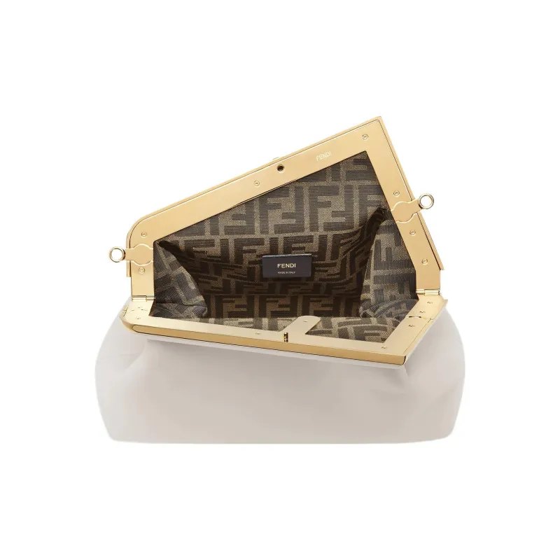 FENDI First Leather Clutch, Shoulder Bag, Crossbody Bag Medium Size Women's Light Gray White-3