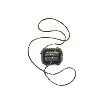 CHANEL Sheepskin Earphone Case Clutch Crossbody Bag Women's Black