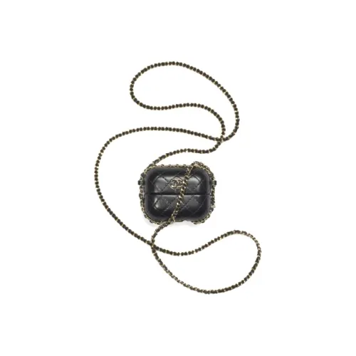 CHANEL Sheepskin Earphone Case Clutch Crossbody Bag Women's Black
