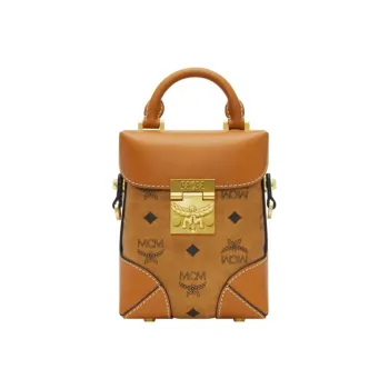 MCM Soft Berlin Visetos Cow Leather One Shoulder Handbag, Crossbody Bag Mini Women's Brown Cognac