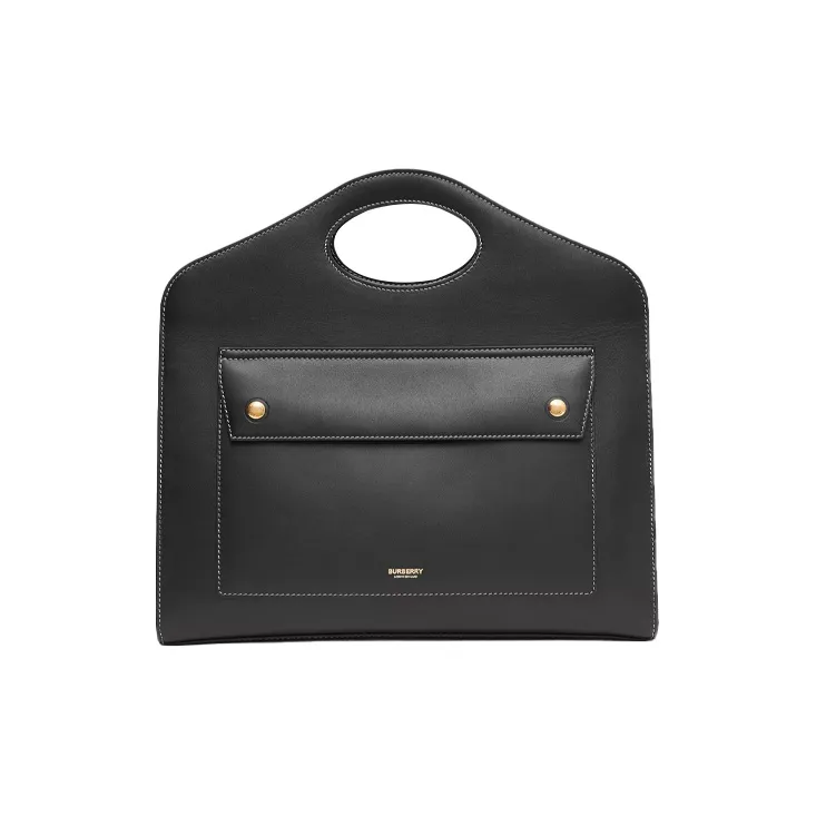 Burberry Pocket Bag Stitched Leather Tote Bag Shopping Bag Shoulder Bag Crossbody Bag Handbag Medium Size Women's Black-0