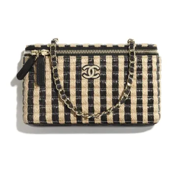 CHANEL Raffia Fiber & Hemp Thread & Metal Makeup Bag, Toiletry Bag Women's Black & Beige