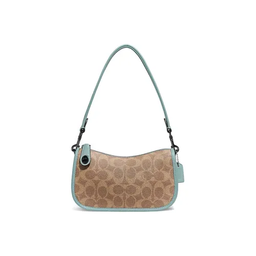 COACH Swinger Fabric Cow Leather Patchwork Mahjong Bag Shoulder Bag Handbag Shoulder Bag Women's Khaki Brown