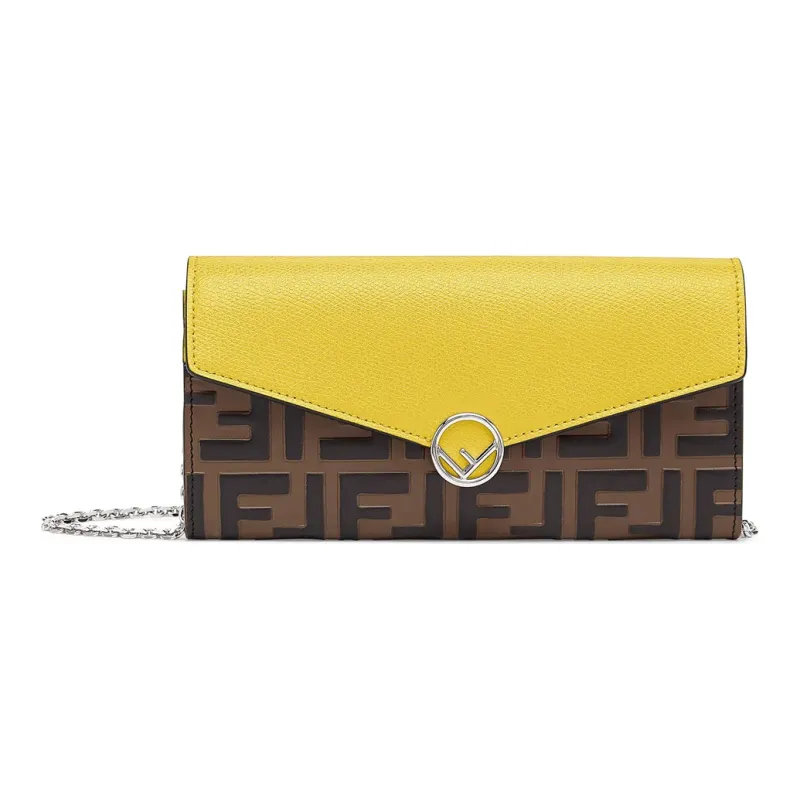 FENDI F Is Fendi Calfskin Chain Wallet, Crossbody Bag, Shoulder Bag Women's Brown/Yellow-0