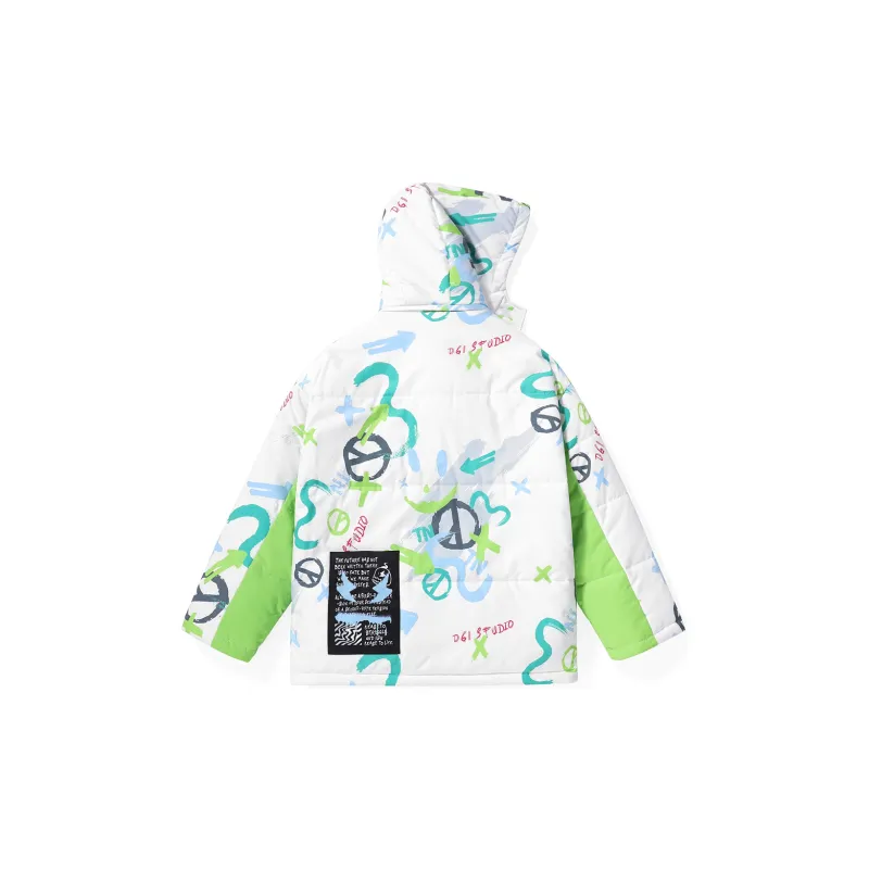 GENANX Letter Stand Collar Loose Fit Puffer Jacket Unisex White Green-1
