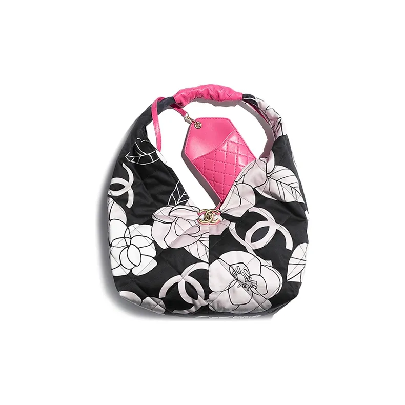 CHANEL Canvas With Calfskin HOBO Shoulder Bag Trumpets Women's White/Black/Pink Color-3