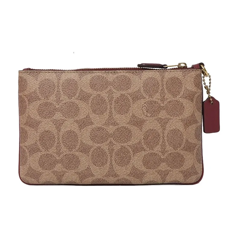 COACH Wristlet Canvas With Leather Clutch Small Size Women's Dark Red Color Scheme-2