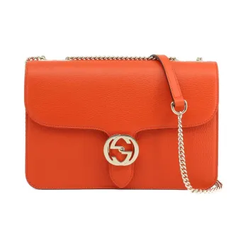 GUCCI Litchi Grain Leather Messenger Bag Wind Instrument Bag Shoulder Bag Crossbody Bag Large Size Women's Orange