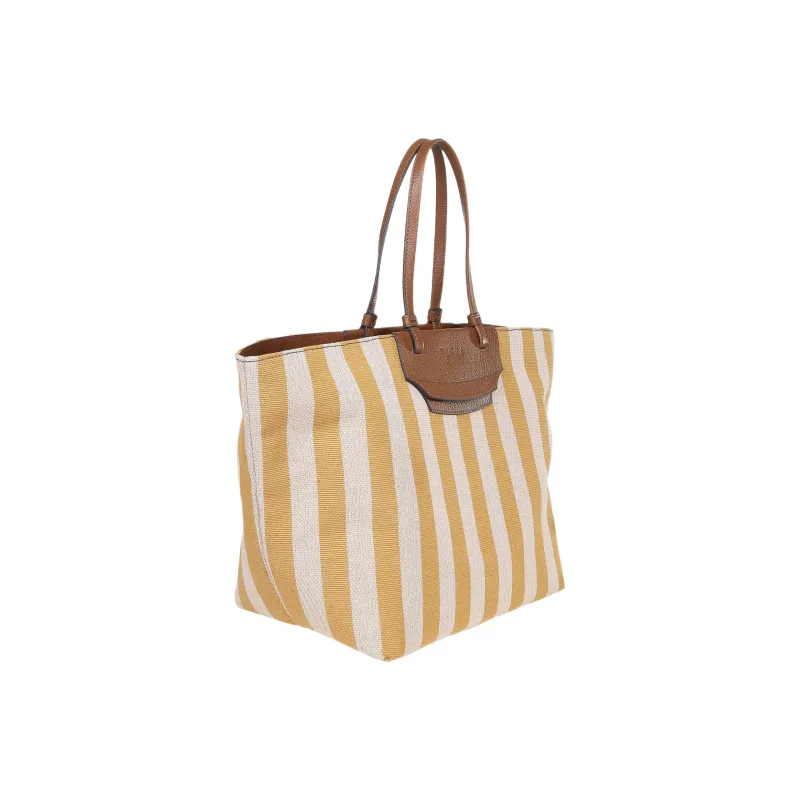Furla Meraviglia Leather Trim Tote Bag Shopping Bag Handbag Medium Size Women's Cream Multicolor With Brown And Yellow-2