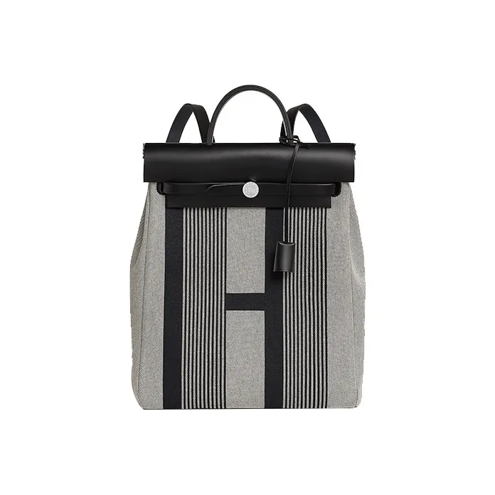 HERMES Herbag Zip Canvas With Leather Backpack Unisex Black & Beige & Light Beige-0