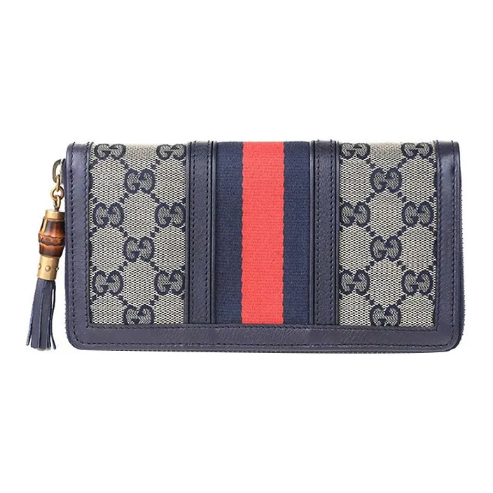 GUCCI Canvas With Leather Long Zip Closure Wallet Women's Greige/Dark Blue-1