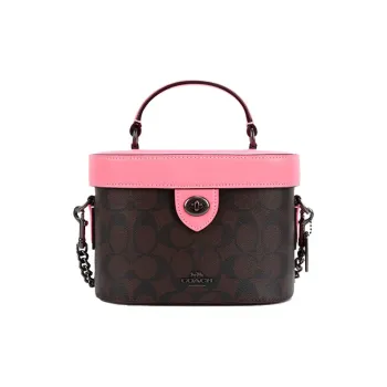 COACH Kay Leather Box Bag Crossbody Bags Shoulder Bags Small Size Women's Cherry Blossom Pink & Dark Brown Monogram