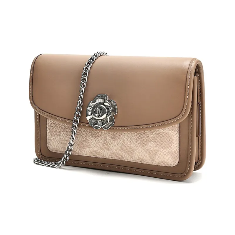 COACH Parker Canvas With Leather Chain Bag Crossbody Bag Shoulder Bag Women's Taupe Multicolor-2