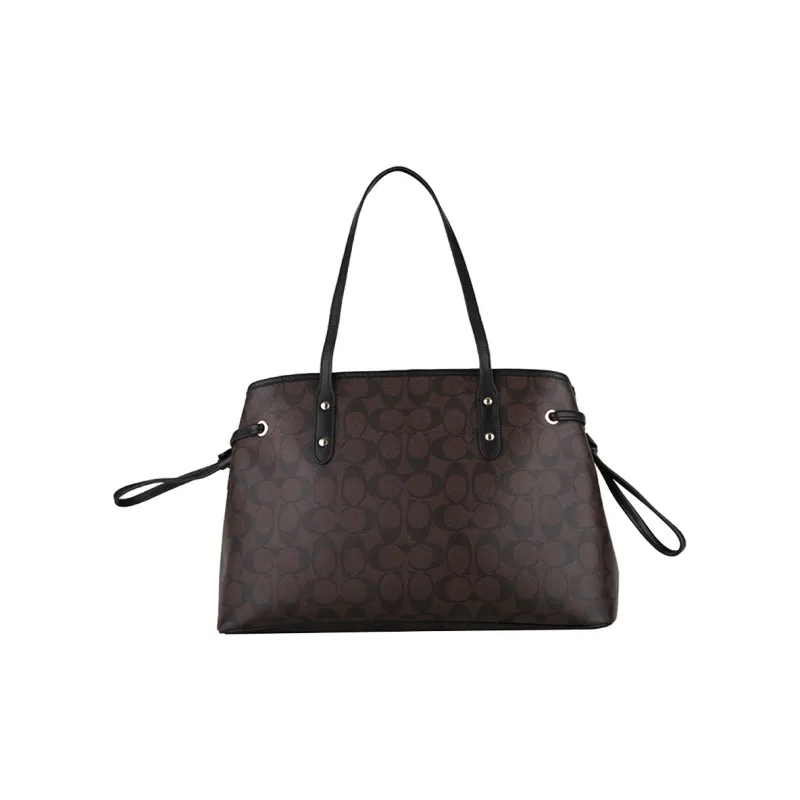 COACH Drawstring Canvas With Leather Carp Fish Bag Handbag Shoulder Bag Women's Dark Brown Monogram-1