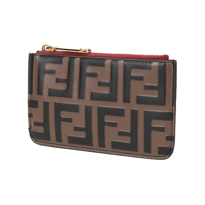 FENDI Calfskin Coin Purse Card Holder Clutch Wallet Women's Red Brown-1