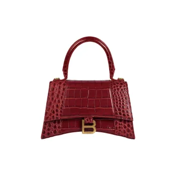 Balenciaga Hourglass Top Handle Bag Small Crocodile Embossed Dark Red
