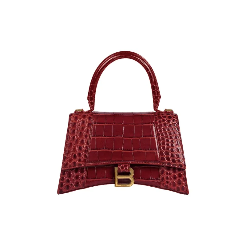 Balenciaga Hourglass Top Handle Bag Small Crocodile Embossed Dark Red-0
