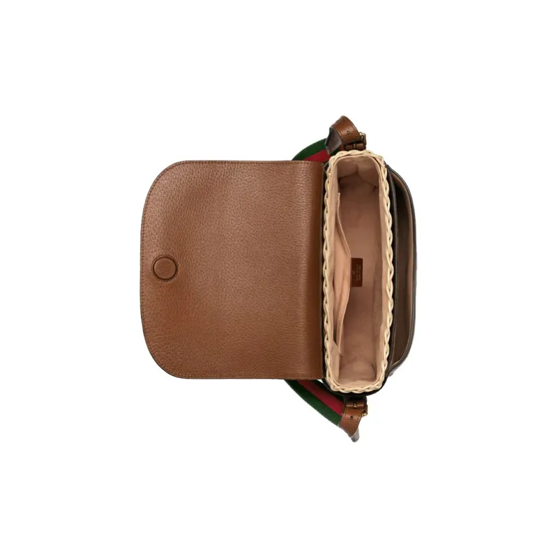 GUCCI Wicker Patchwork Leather Messenger Bag Shoulder Bag Crossbody Bag Small Size Unisex Brown & Beige-4