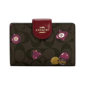 COACH Canvas Leather Wallet Women's Dark Brown With Cherry