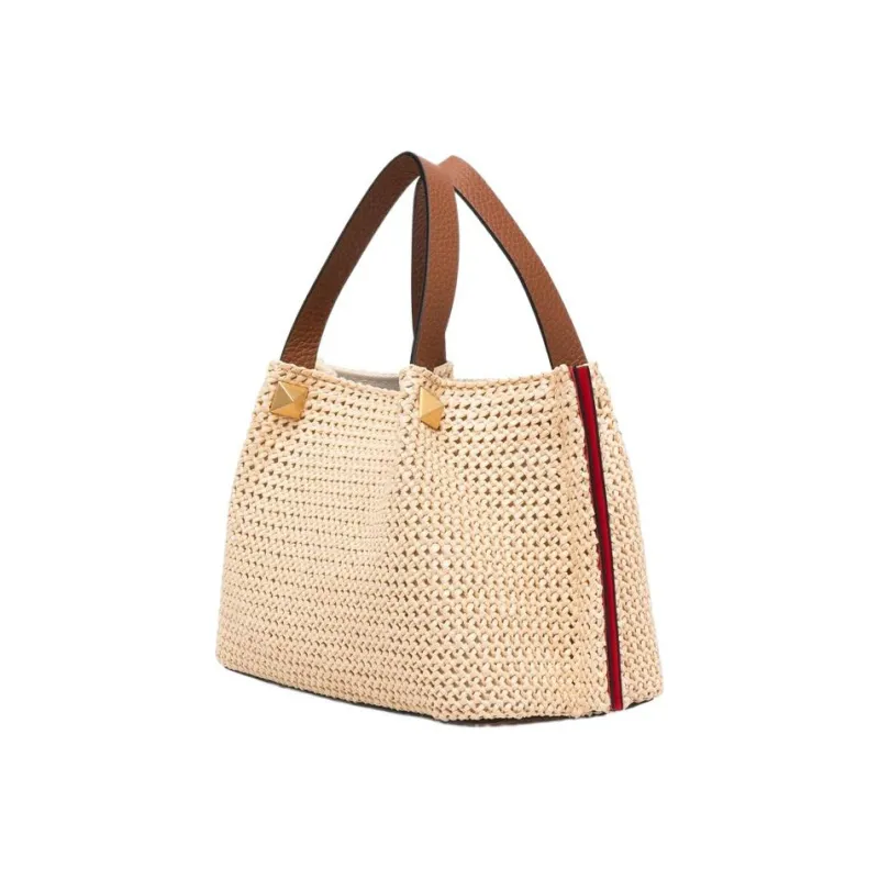 Valentino Natural Straw With Leather Patchwork Handbags Shoulder Bags Regular Women's Brown-2