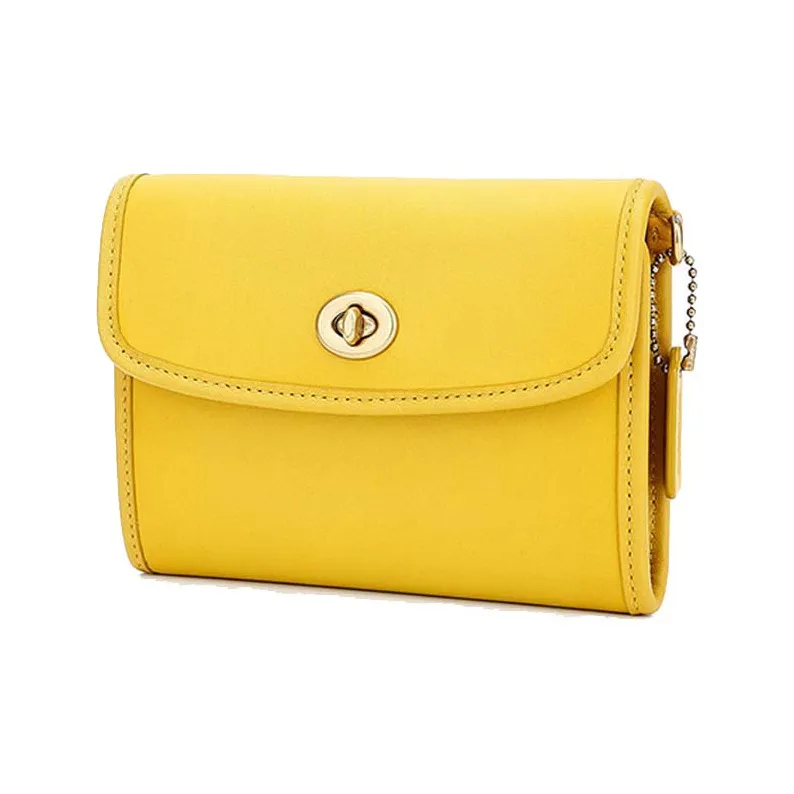 COACH Turnlock Solid Color Leather Wallet Crossbody Bag Women's Macaron Color Series/Candy Yellow-1