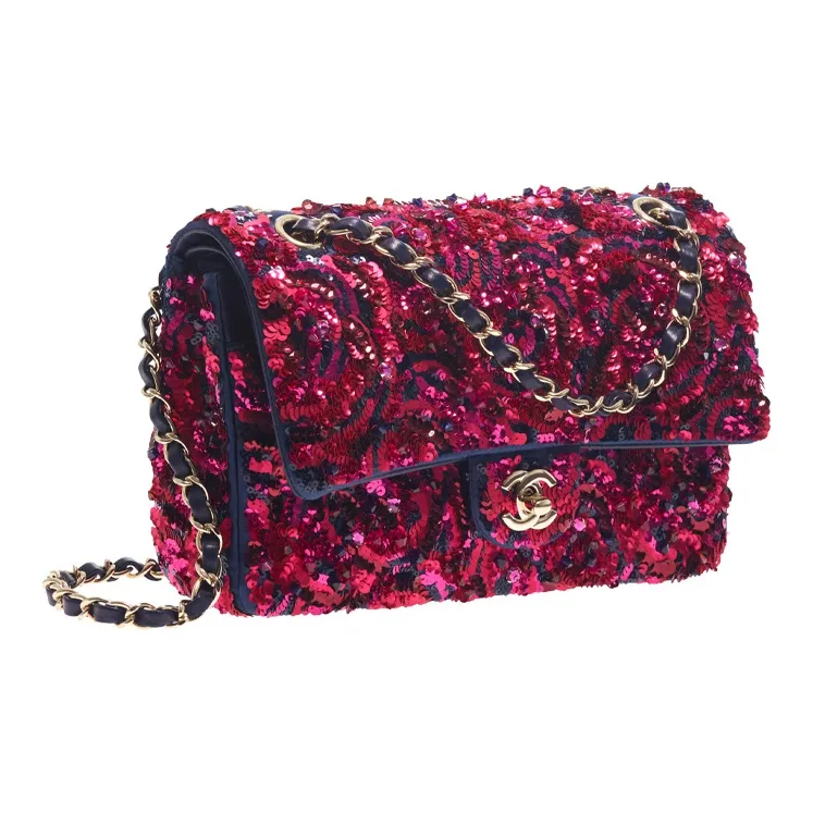CHANEL Classic Flap CF21K Winter Embroidered Satin Shiny Shoulder Bag Crossbody Bag Handbag Women's Pink Navy-1
