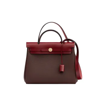 HERMES Herbag Cowhide Patchwork Canvas Handbag Shoulder Bag Crossbody Bag Chocolate With Hermès Red Accents