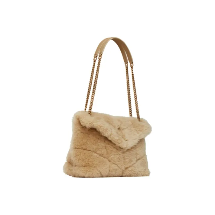 SAINT LAURENT Wool Bonded Leather Cloud Bag Pillow Bag Shoulder Bag Crossbody Bag Small Size Women's Beige-1