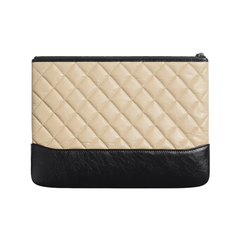 CHANEL Calfskin With Smooth Calfskin Clutch Women's Beige/Black-1