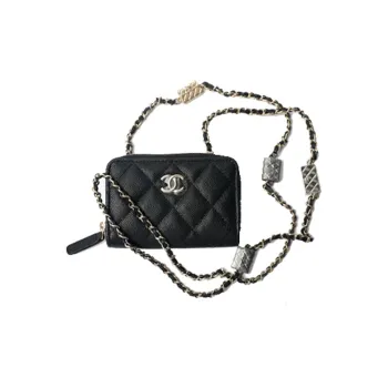 CHANEL 21K Winter Grain Calfskin Card Holder, Coin Purse, Shoulder Bag, Crossbody Bag Unisex Black