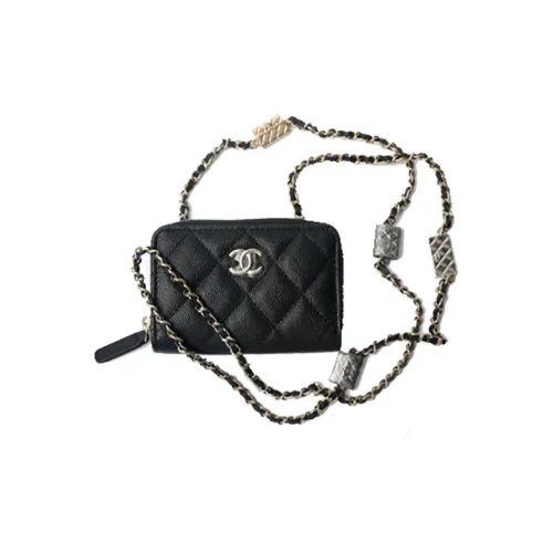CHANEL 21K Winter Grained Calfskin Card Holder Coin Purse Shoulder Bag Crossbody Bag Unisex Black