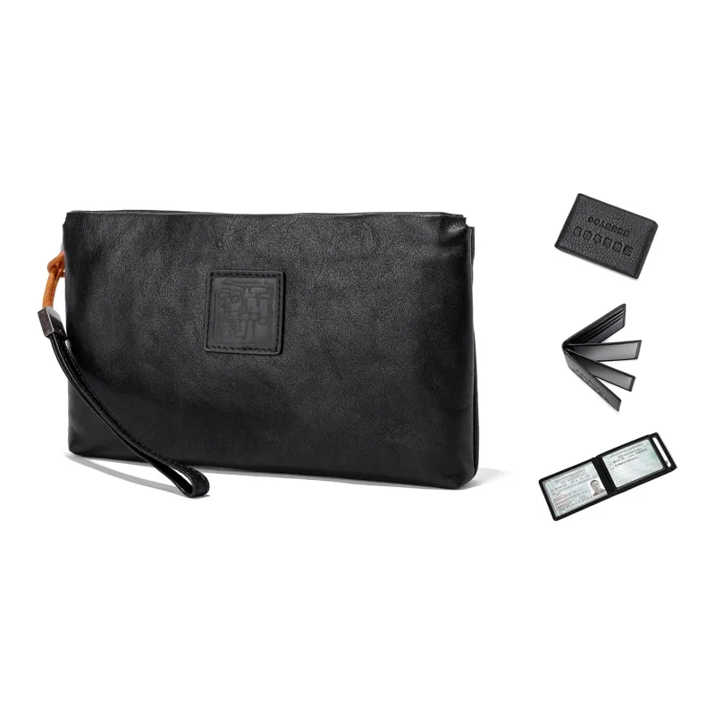 Ace Paul Top Grain Cow Leather Envelope Bag Clutches Medium Size Unisex Black-7
