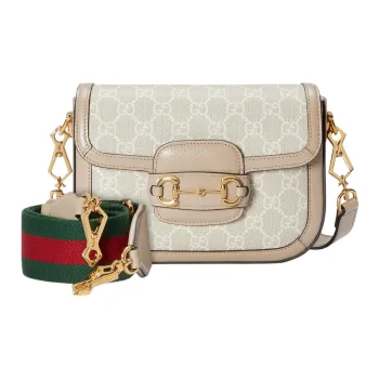 GUCCI Horsebit 1955 Canvas With Leather Saddle Bag Shoulder Bag Crossbody Bag Mini Women's Beige/White