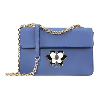 Furla Mughetto Leather Chain Bag, Small Square Bag, Shoulder Bag Medium Size Women's Blue