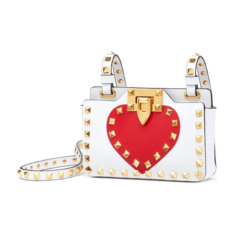 Valentino Cow Leather One Shoulder Crossbody Clutches Women's White/Red-1