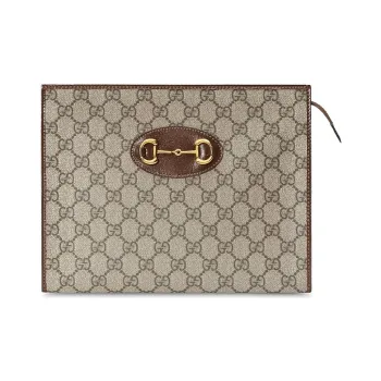 GUCCI Horsebit 1955 Canvas With Leather Clutch Unisex Ebony/Brown