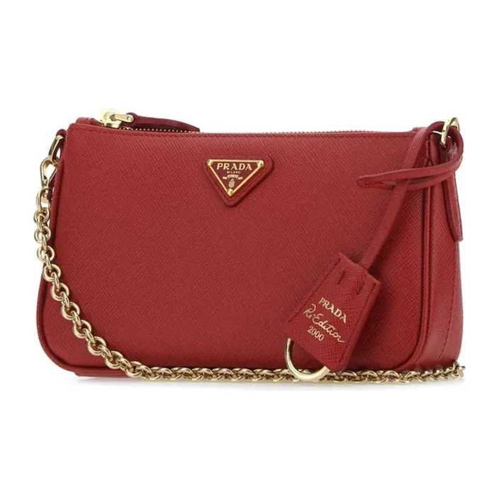 PRADA Re Edition Leather Shoulder Bag, Crossbody Bag Unisex Red-1