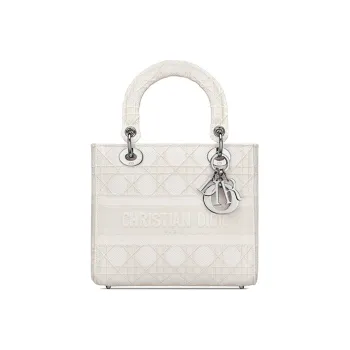 DIOR Lady D-Lite Embroidery Handbag Daphne Bag Shoulder Bag Women's White Rattan Plaid Embroidery